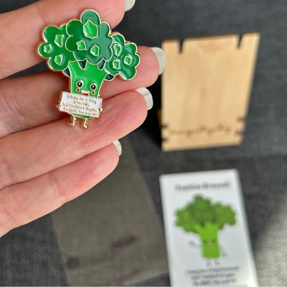 Positive Broccoli Enamel Pin Affirmation Card Set Gold Green